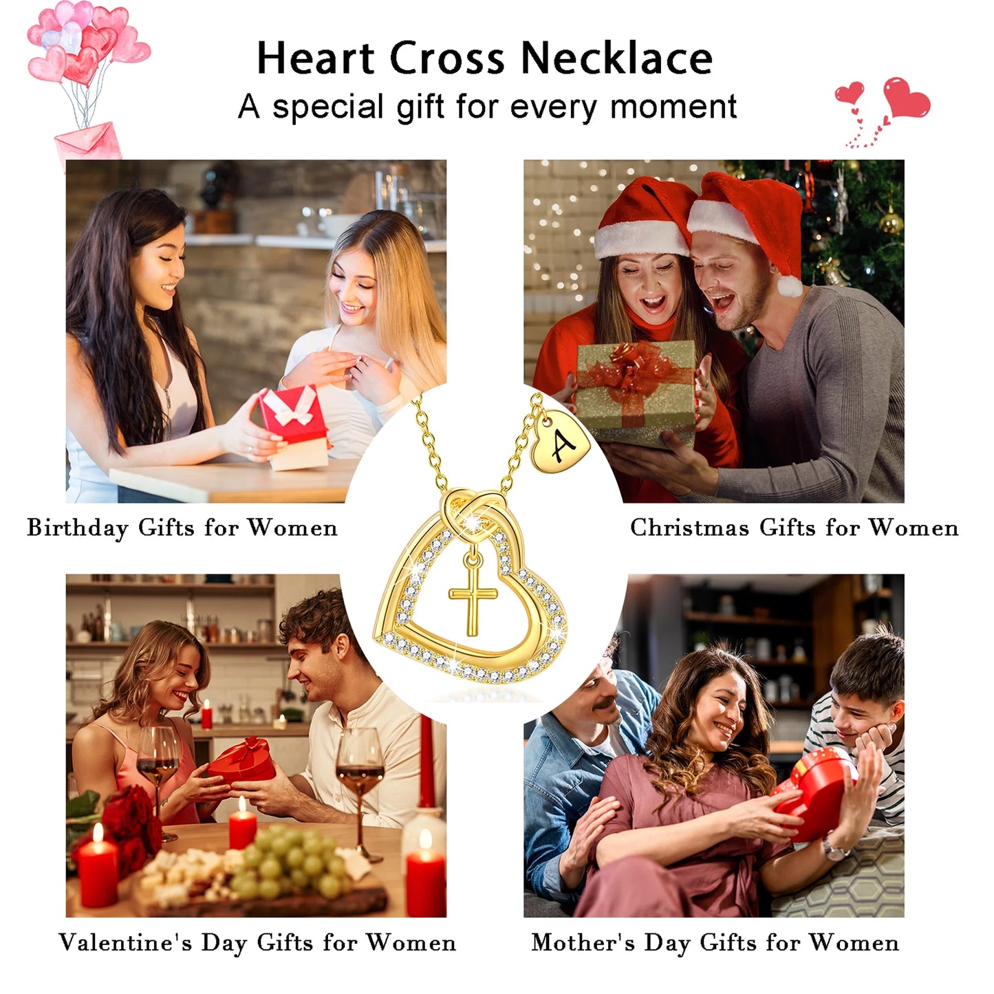 18K Gold Plated Love Heart Initial Cross Necklaces for Women Girls CZ Letter R Pendant Chain Wedding Birthday Jewelry Gifts Ideas Mom Teen Kids Girlfriend Wife Daughter Age