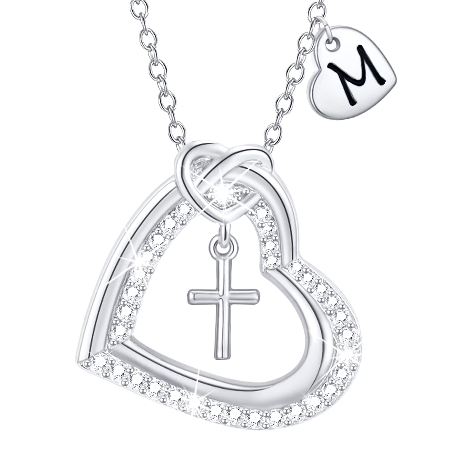 18K White Gold Plated Love Heart Initial Cross Necklaces for Women Girls CZ S925 Sterling Silver Letter M Pendant Wedding Birthday Jewelry Gifts Ideas Mom Wife Her Teen Kids Age