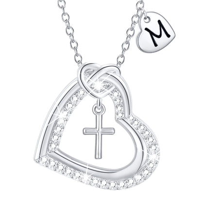 18K White Gold Plated Love Heart Initial Cross Necklaces for Women Girls CZ S925 Sterling Silver Letter M Pendant Wedding Birthday Jewelry Gifts Ideas Mom Wife Her Teen Kids Age