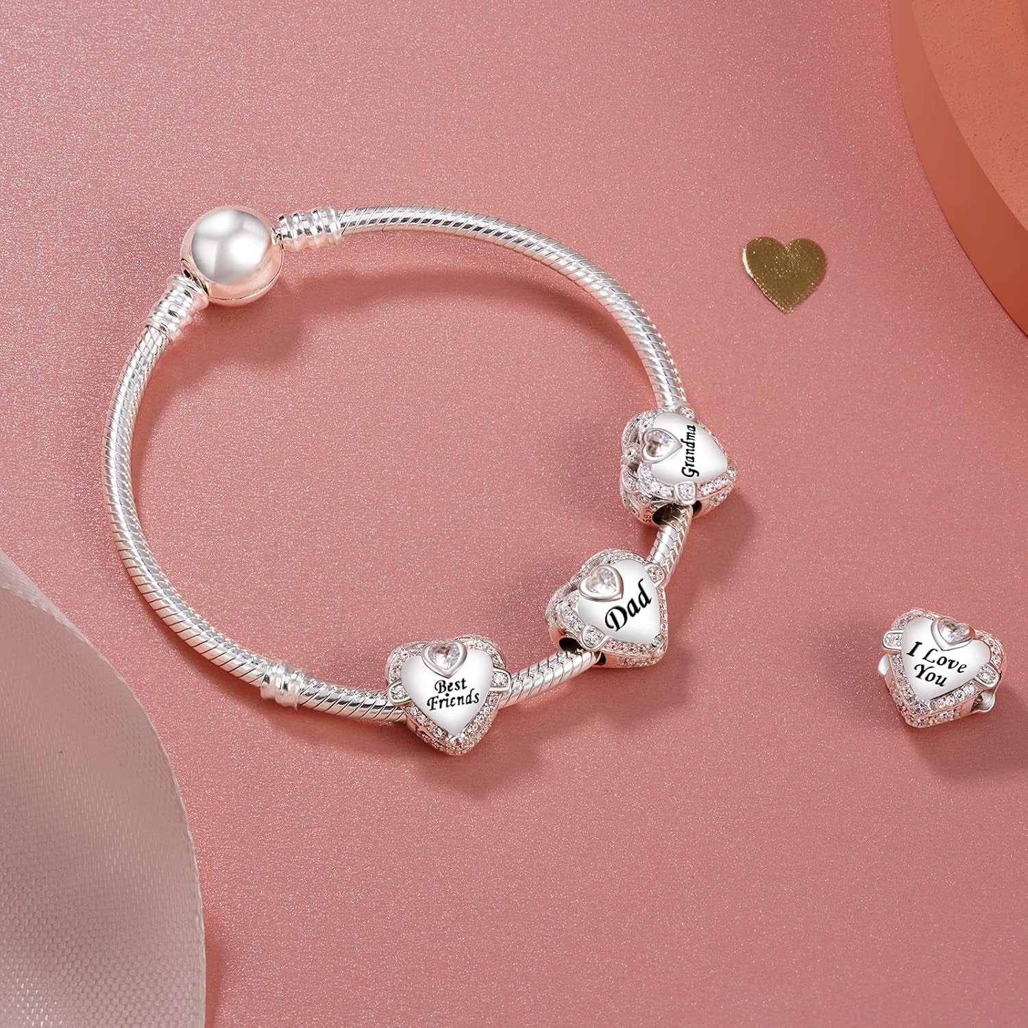 Love Heart Mom Wife Sister Daughter Friend Dad Grandma Auntie Charm for Charms Bracelet, 925 Sterling Silver Cubic Zirconia Bead Chirstmas Halloween Birthday Jewerly Gifts for Women