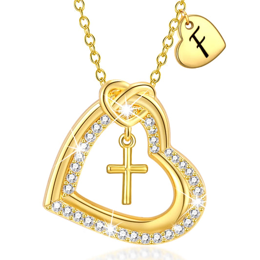 18K Gold Plated Love Heart Initial Cross Necklaces for Women Girls CZ Letter F Pendant Chain Wedding Birthday Jewelry Gifts Ideas Mom Teen Kids Girlfriend Wife Daughter Age