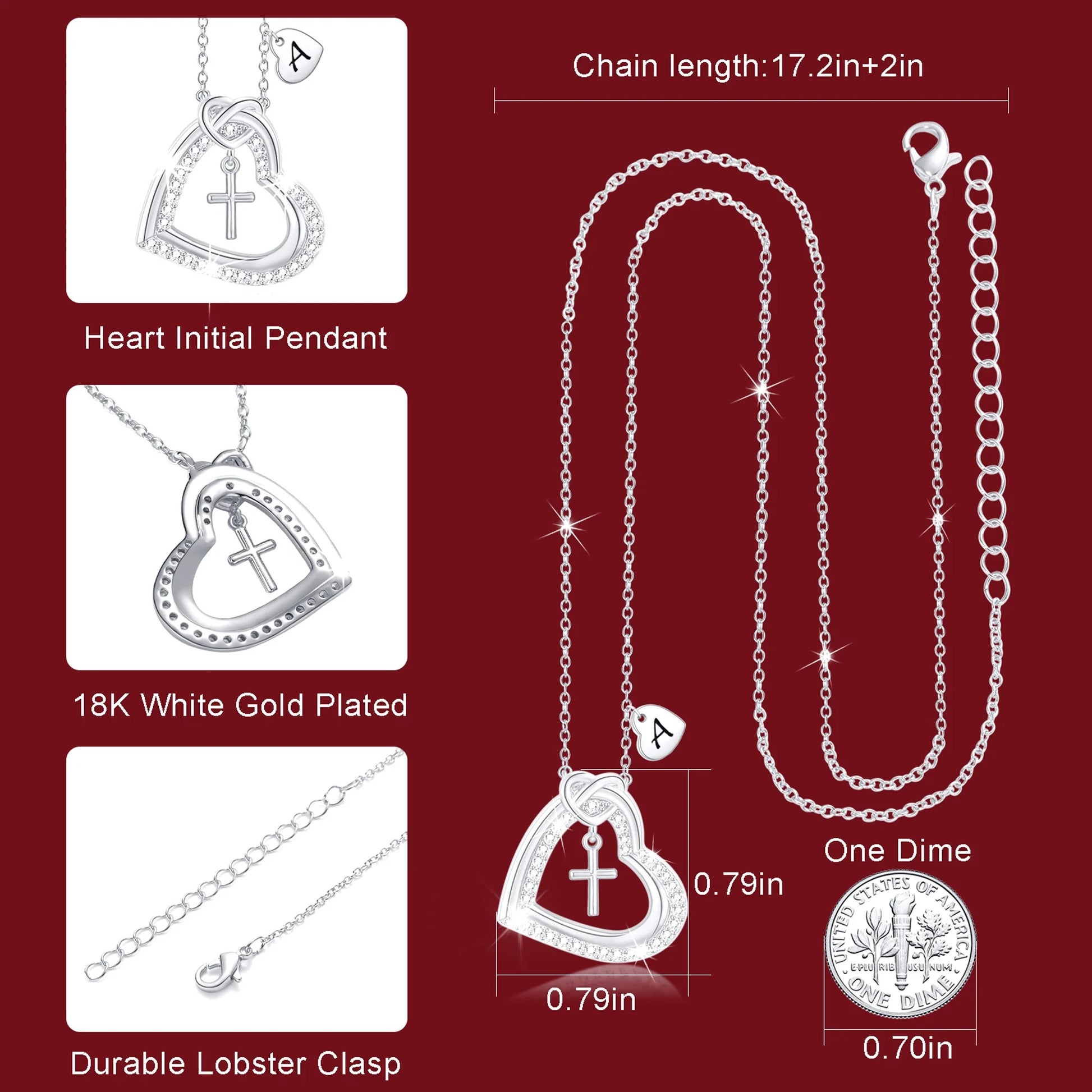 18K White Gold Plated Love Heart Initial Cross Necklaces for Women Girls CZ S925 Sterling Silver Letter M Pendant Wedding Birthday Jewelry Gifts Ideas Mom Wife Her Teen Kids Age