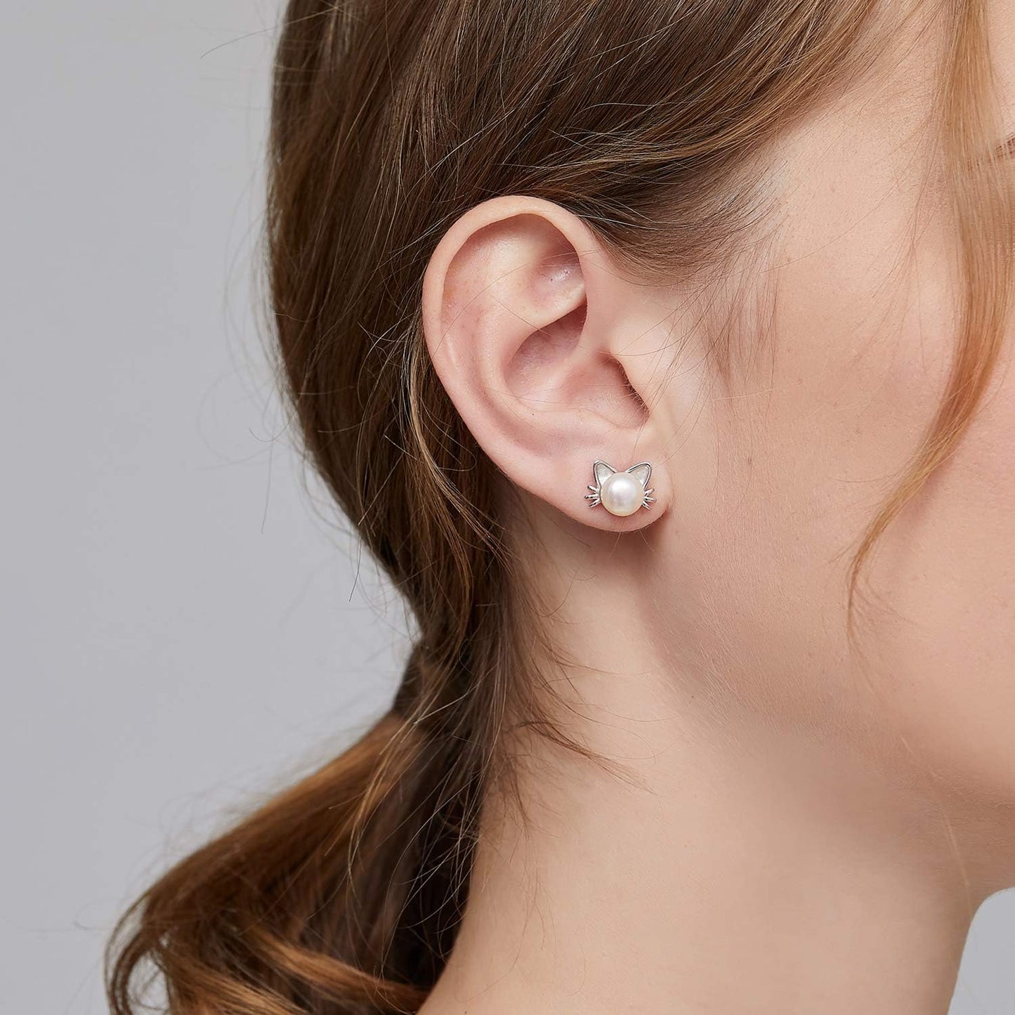 Cute Cat Pearl Earrings-925 Sterling Silver Cat Pearl Stud Earrings with Freshwater Pearl 7.5MM, Cat Lover Jewelry Gift
