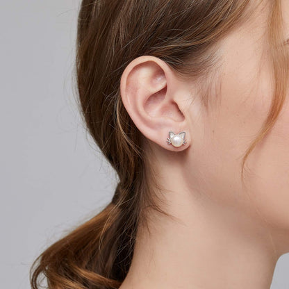 Cute Cat Pearl Earrings-925 Sterling Silver Cat Pearl Stud Earrings with Freshwater Pearl 7.5MM, Cat Lover Jewelry Gift