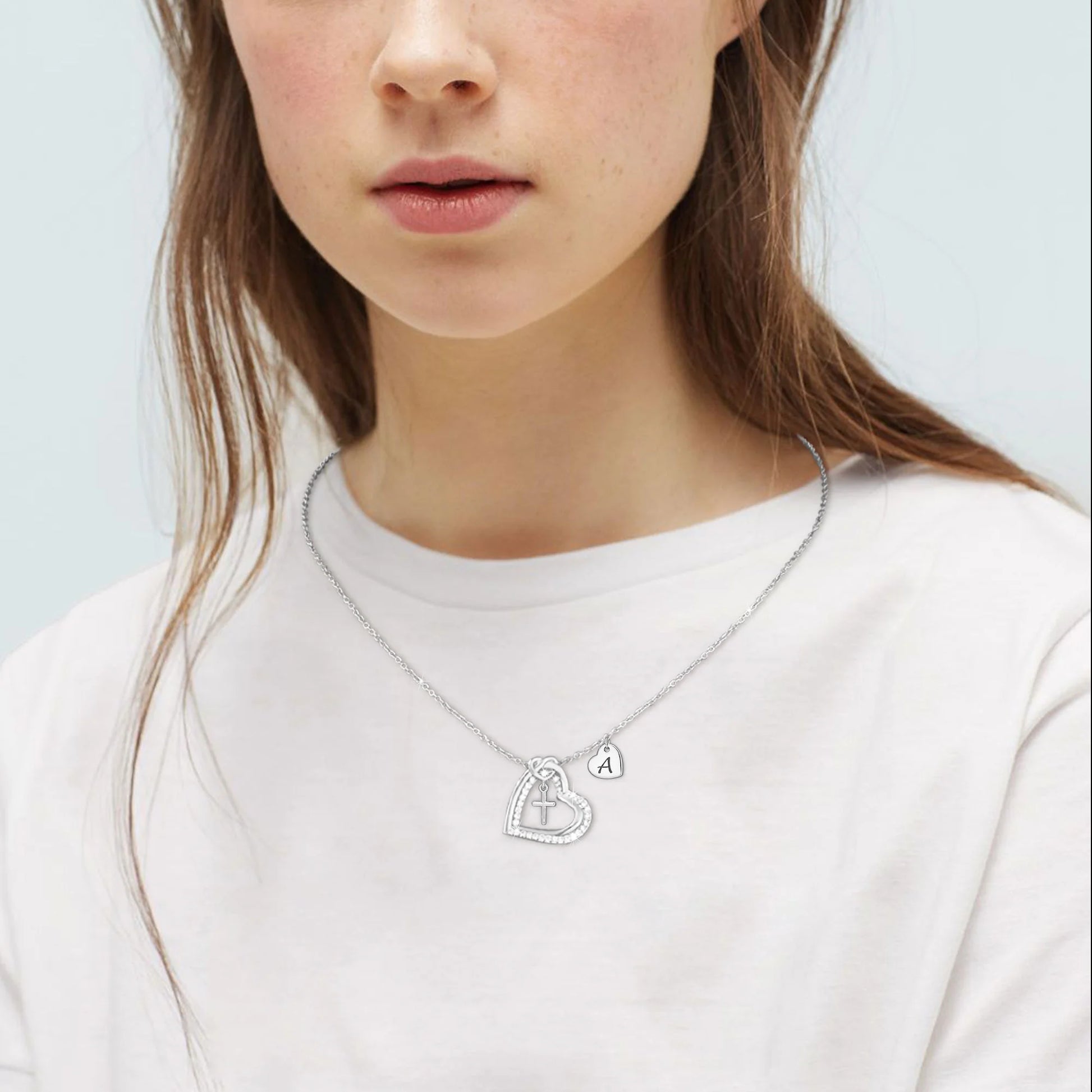 18K White Gold Plated Love Heart Initial Cross Necklaces for Women Girls CZ S925 Sterling Silver Letter M Pendant Wedding Birthday Jewelry Gifts Ideas Mom Wife Her Teen Kids Age