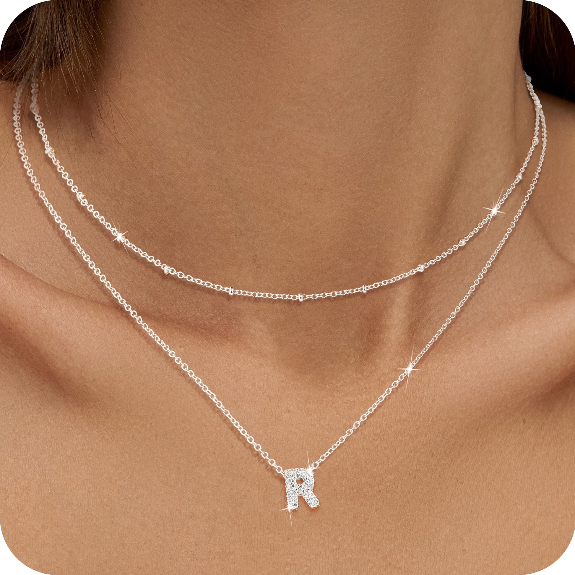 18K White Gold Plated Initial Necklaces for Women Girls CZ S925 Sterling Silver Letter R Necklace Set Birthday Jewelry Gifts Teen Tween Preteen Mom Adults Wife Daughter Girlfriend Kids Age