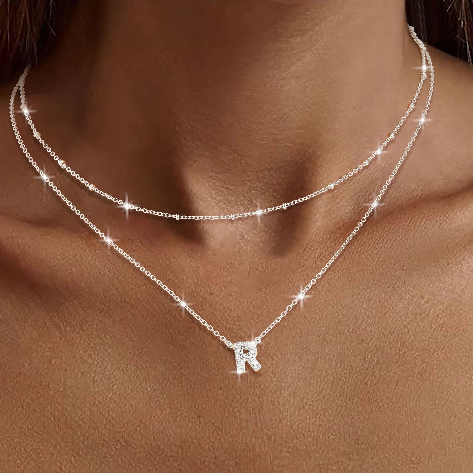 18K White Gold Plated Initial Necklaces for Women Girls CZ S925 Sterling Silver Letter R Necklace Set Birthday Jewelry Gifts Teen Tween Preteen Mom Adults Wife Daughter Girlfriend Kids Age
