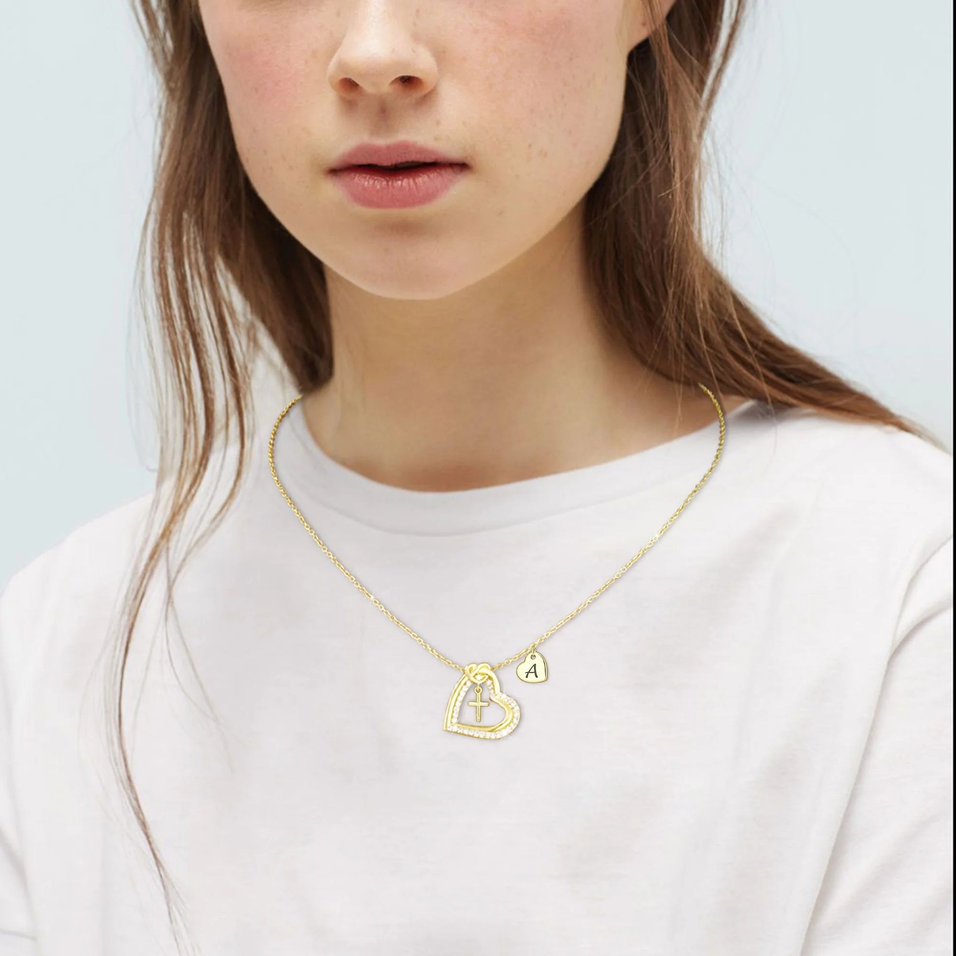 18K Gold Plated Love Heart Initial Cross Necklaces for Women Girls CZ Letter F Pendant Chain Wedding Birthday Jewelry Gifts Ideas Mom Teen Kids Girlfriend Wife Daughter Age