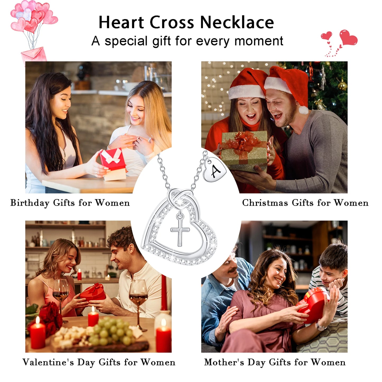 18K White Gold Plated Love Heart Initial Cross Necklaces for Women Girls CZ S925 Sterling Silver Letter M Pendant Wedding Birthday Jewelry Gifts Ideas Mom Wife Her Teen Kids Age