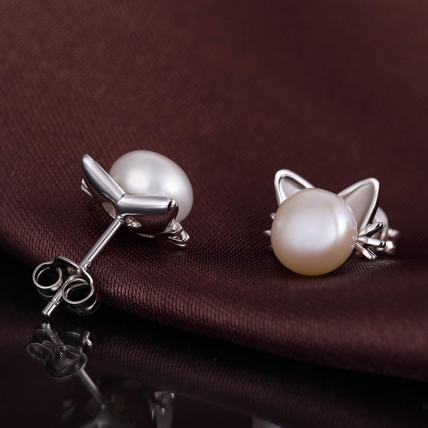 Cute Cat Pearl Earrings-925 Sterling Silver Cat Pearl Stud Earrings with Freshwater Pearl 7.5MM, Cat Lover Jewelry Gift