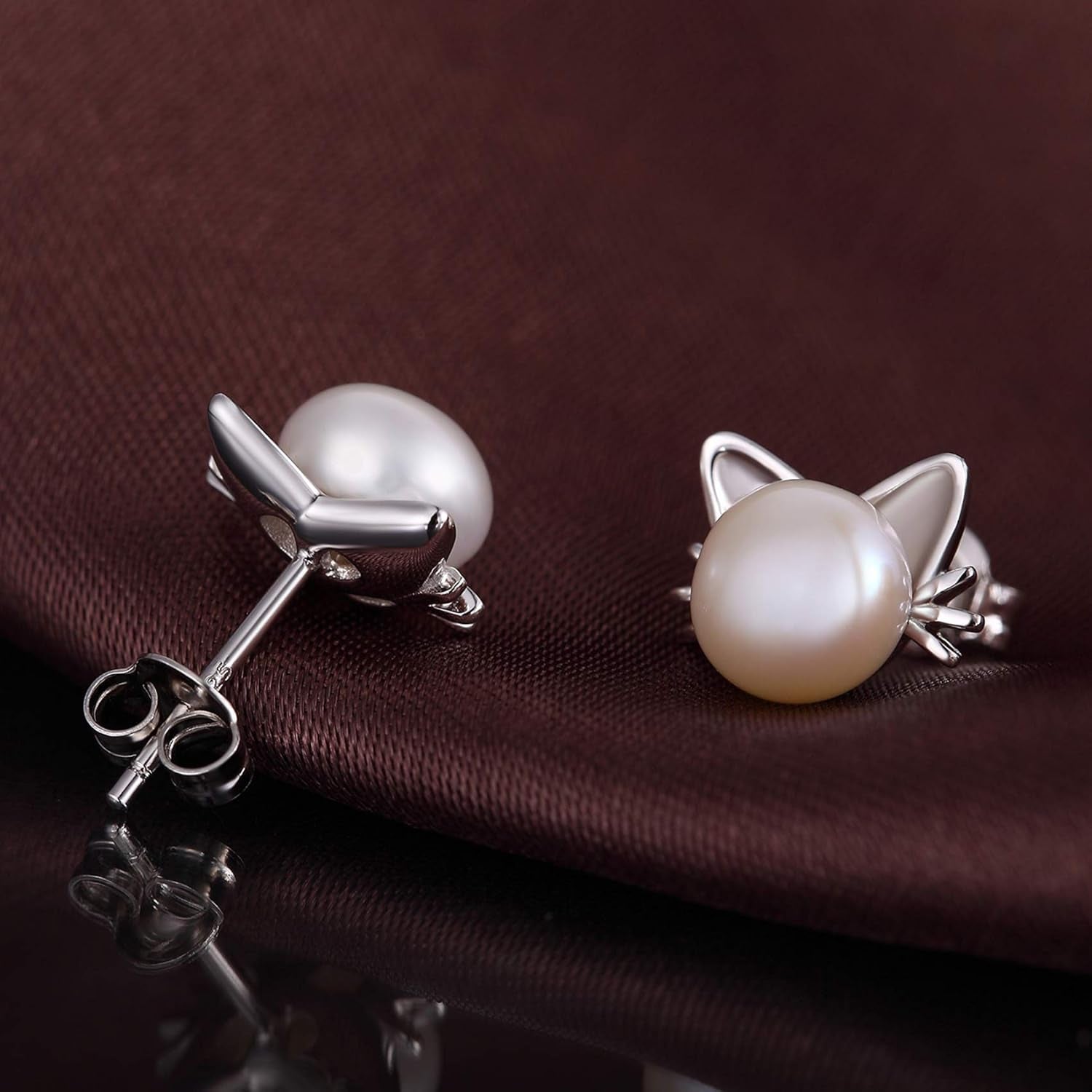 Cute Cat Pearl Earrings-925 Sterling Silver Cat Pearl Stud Earrings with Freshwater Pearl 7.5MM, Cat Lover Jewelry Gift