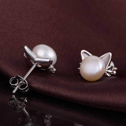 Cute Cat Pearl Earrings-925 Sterling Silver Cat Pearl Stud Earrings with Freshwater Pearl 7.5MM, Cat Lover Jewelry Gift