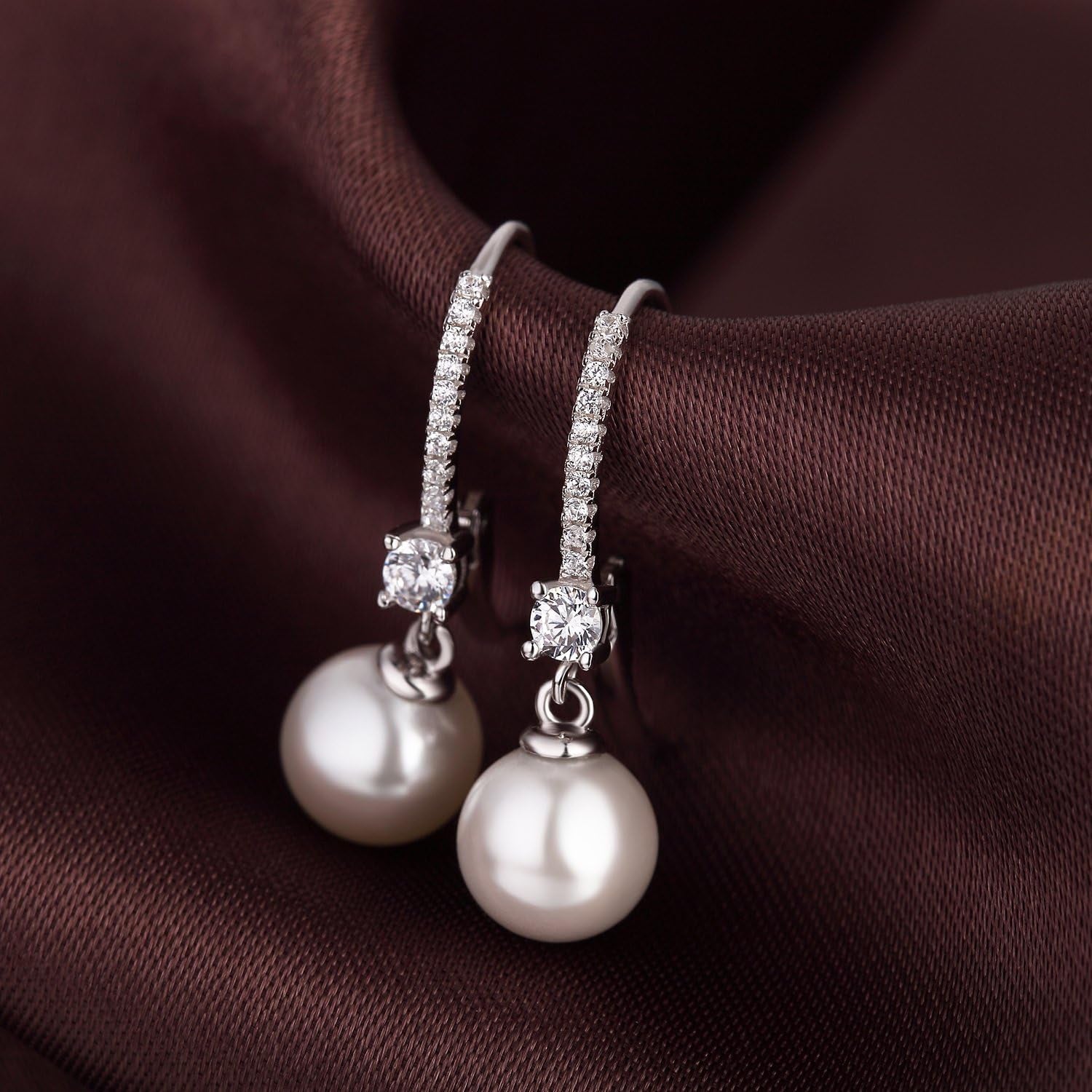 Pearl Dangle Earrings 925 Sterling Silver Pearl Earrings for Women 10Mm White/Black Pearls