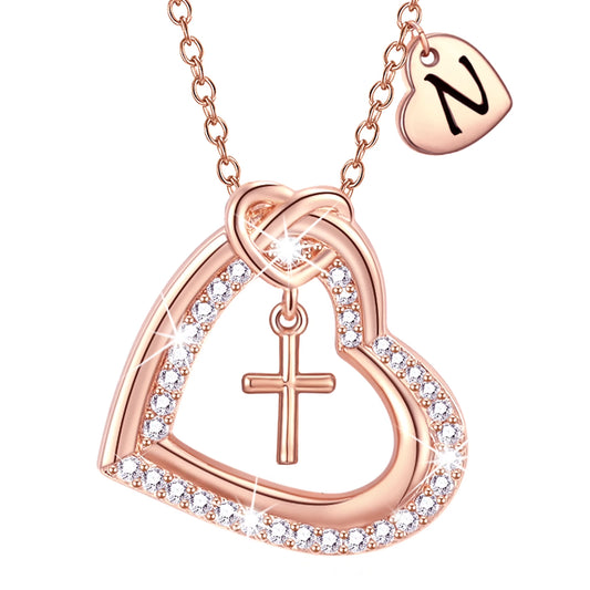 18K Rose Gold Plated Love Heart Initial Cross Necklaces for Women Girls CZ Letter N Pendant Chain Wedding Birthday Jewelry Gifts Ideas Mom Teen Kids Her Girlfriend Wife Daughter Age