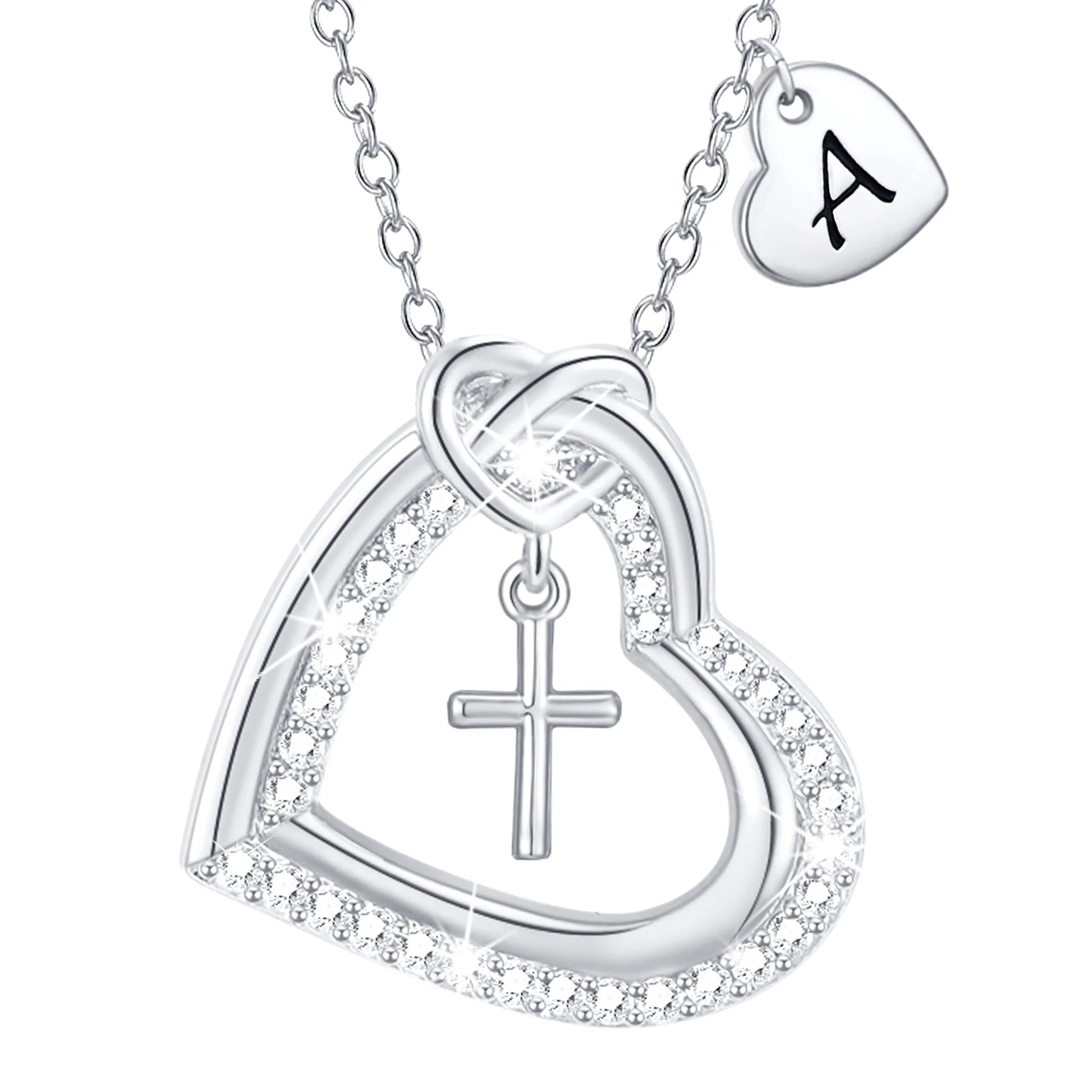 18K White Gold Plated Love Heart Initial Cross Necklaces for Women Girls CZ S925 Sterling Silver Letter a Pendant Wedding Birthday Jewelry Gifts Ideas Mom Wife Her Teen Kids Age