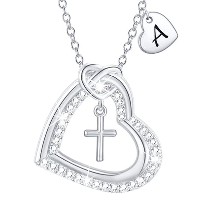 18K White Gold Plated Love Heart Initial Cross Necklaces for Women Girls CZ S925 Sterling Silver Letter a Pendant Wedding Birthday Jewelry Gifts Ideas Mom Wife Her Teen Kids Age