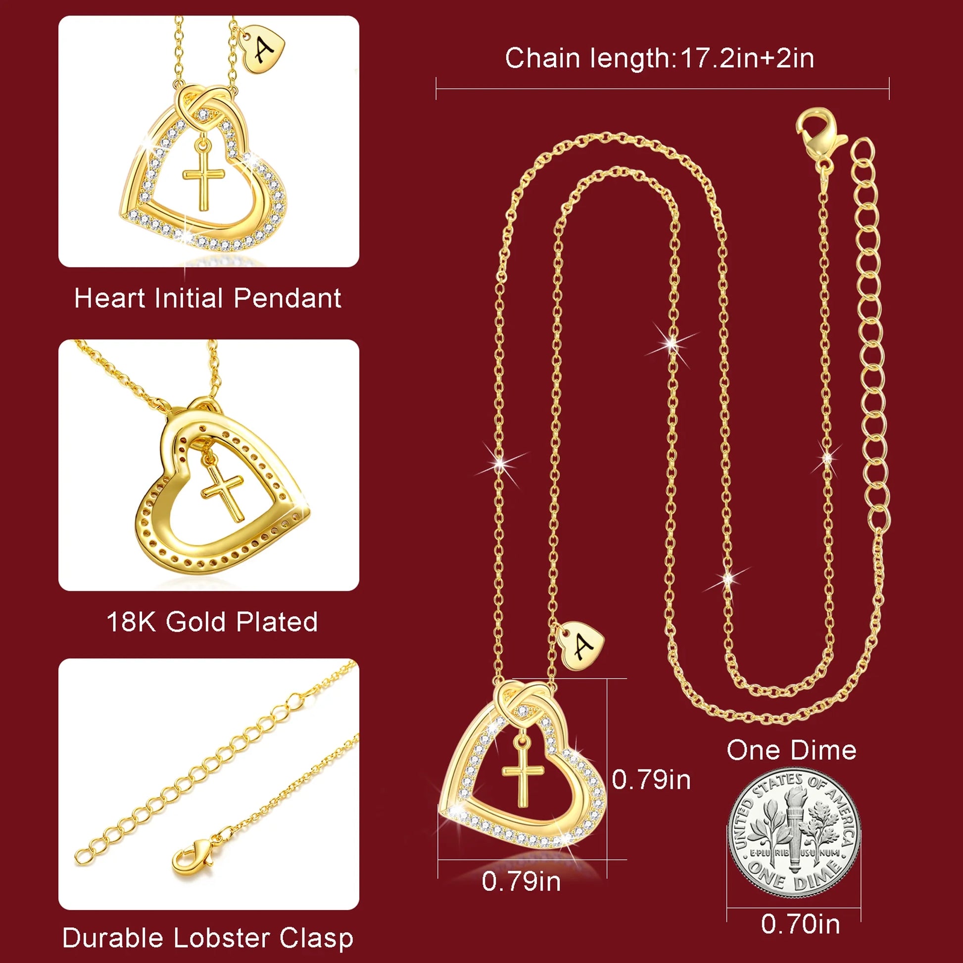 18K Gold Plated Love Heart Initial Cross Necklaces for Women Girls CZ Letter F Pendant Chain Wedding Birthday Jewelry Gifts Ideas Mom Teen Kids Girlfriend Wife Daughter Age