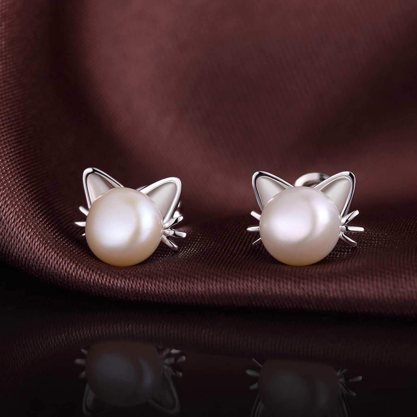 Cute Cat Pearl Earrings-925 Sterling Silver Cat Pearl Stud Earrings with Freshwater Pearl 7.5MM, Cat Lover Jewelry Gift