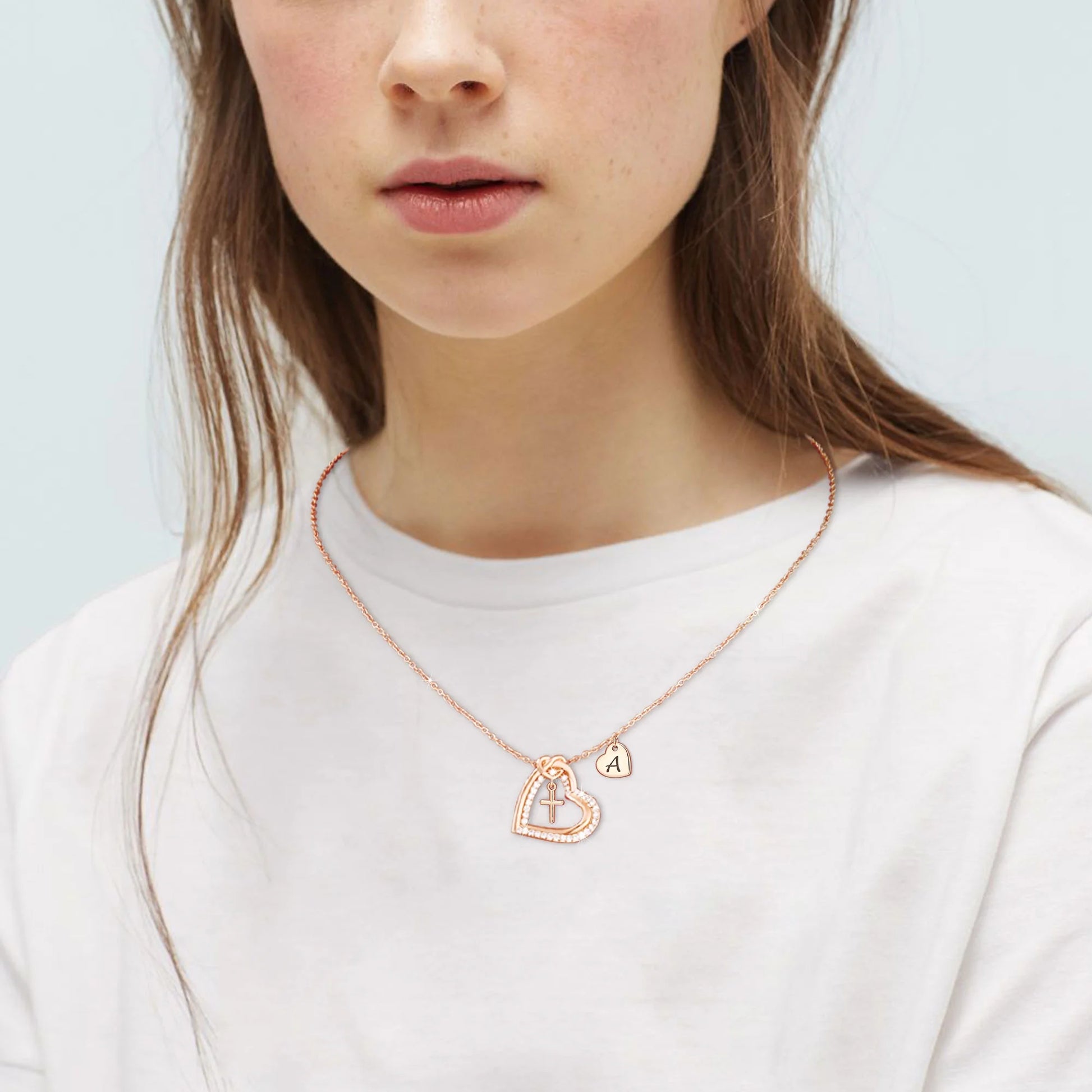 18K Rose Gold Plated Love Heart Initial Cross Necklaces for Women Girls CZ Letter N Pendant Chain Wedding Birthday Jewelry Gifts Ideas Mom Teen Kids Her Girlfriend Wife Daughter Age