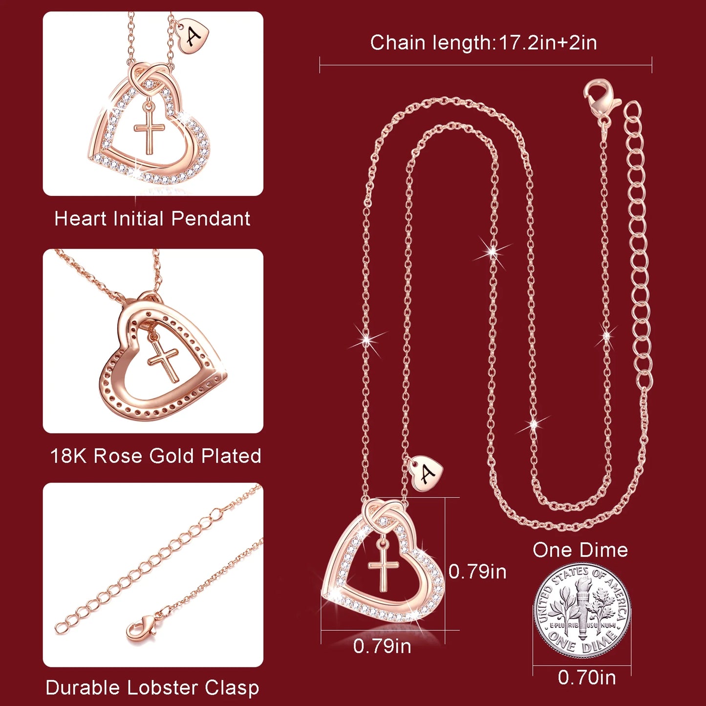 18K Rose Gold Plated Love Heart Initial Cross Necklaces for Women Girls CZ Letter N Pendant Chain Wedding Birthday Jewelry Gifts Ideas Mom Teen Kids Her Girlfriend Wife Daughter Age