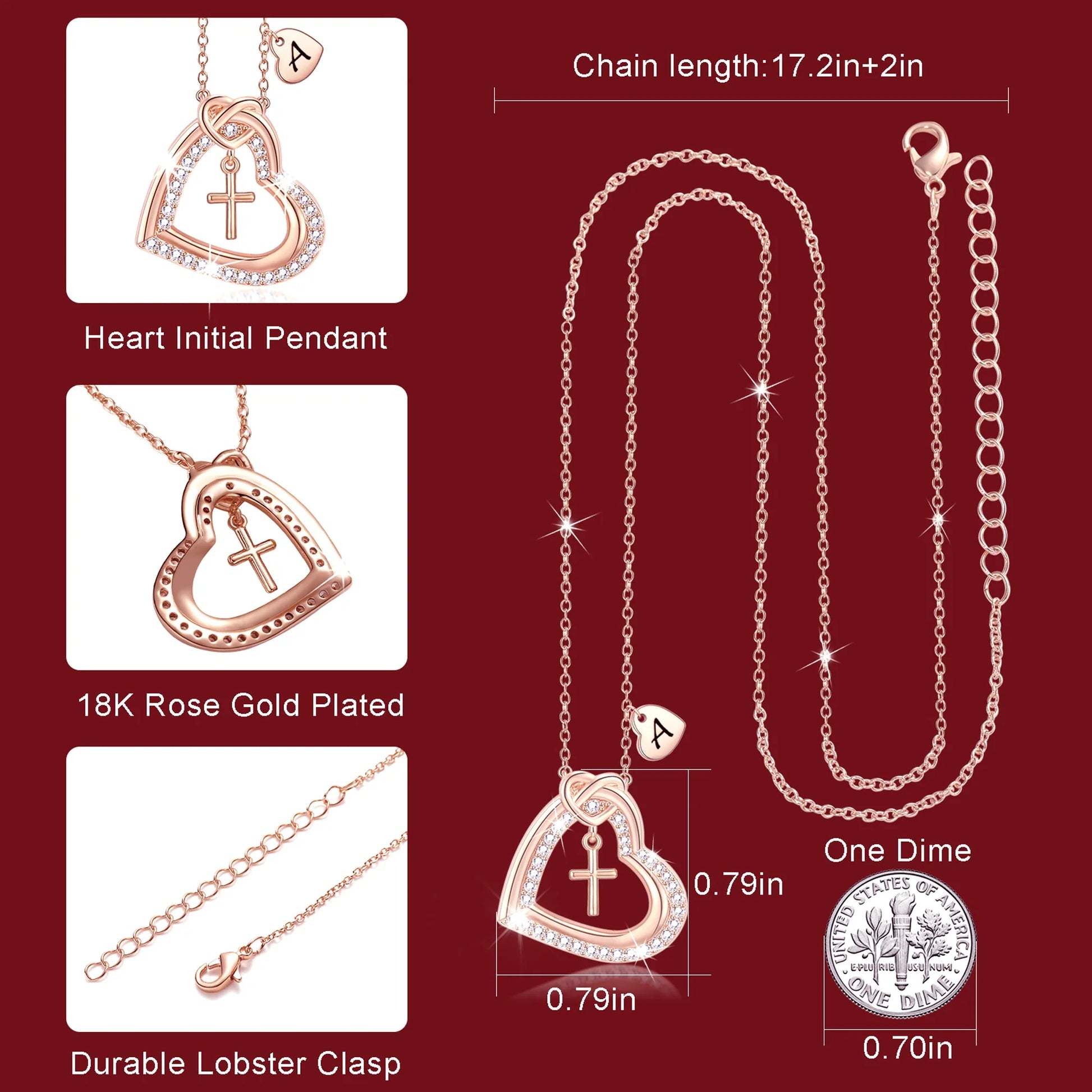 18K Rose Gold Plated Love Heart Initial Cross Necklaces for Women Girls CZ Letter N Pendant Chain Wedding Birthday Jewelry Gifts Ideas Mom Teen Kids Her Girlfriend Wife Daughter Age