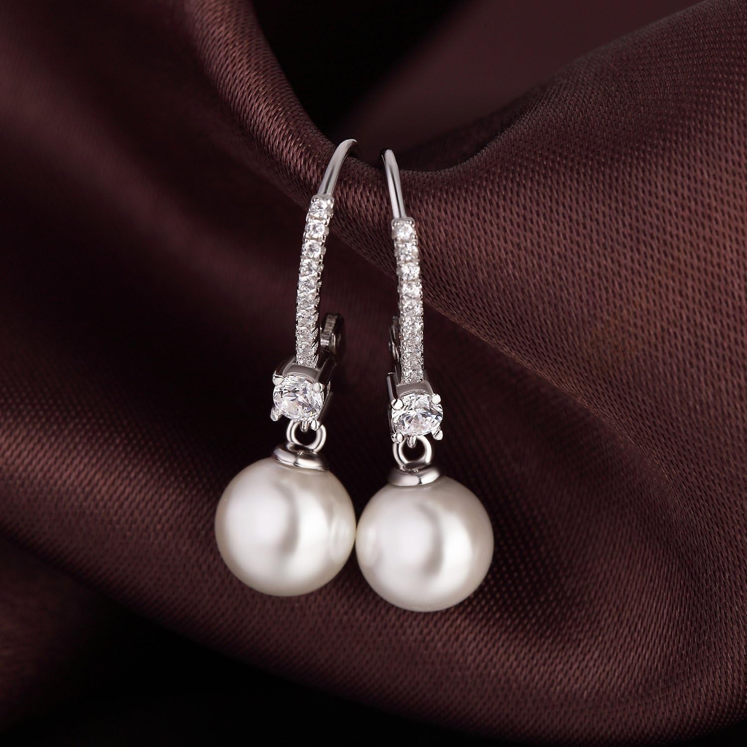 Pearl Dangle Earrings 925 Sterling Silver Pearl Earrings for Women 10Mm White/Black Pearls