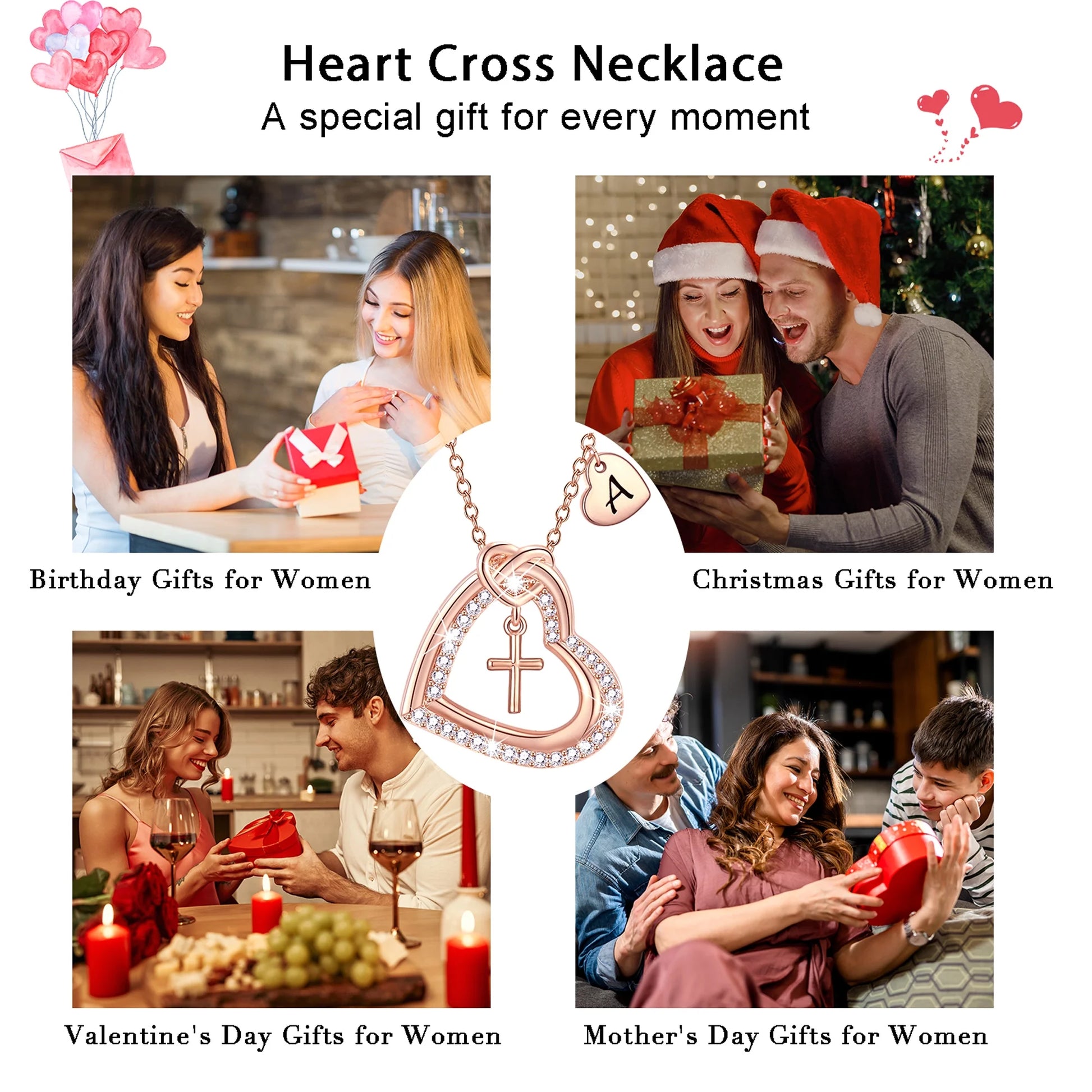 18K Rose Gold Plated Love Heart Initial Cross Necklaces for Women Girls CZ Letter N Pendant Chain Wedding Birthday Jewelry Gifts Ideas Mom Teen Kids Her Girlfriend Wife Daughter Age
