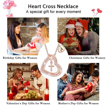 18K Rose Gold Plated Love Heart Initial Cross Necklaces for Women Girls CZ Letter N Pendant Chain Wedding Birthday Jewelry Gifts Ideas Mom Teen Kids Her Girlfriend Wife Daughter Age