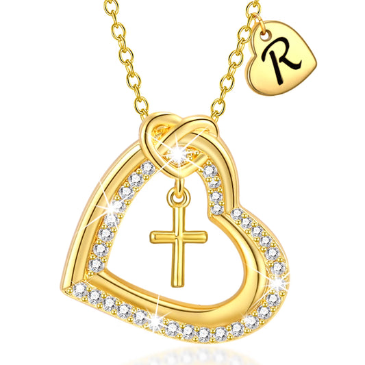 18K Gold Plated Love Heart Initial Cross Necklaces for Women Girls CZ Letter R Pendant Chain Wedding Birthday Jewelry Gifts Ideas Mom Teen Kids Girlfriend Wife Daughter Age