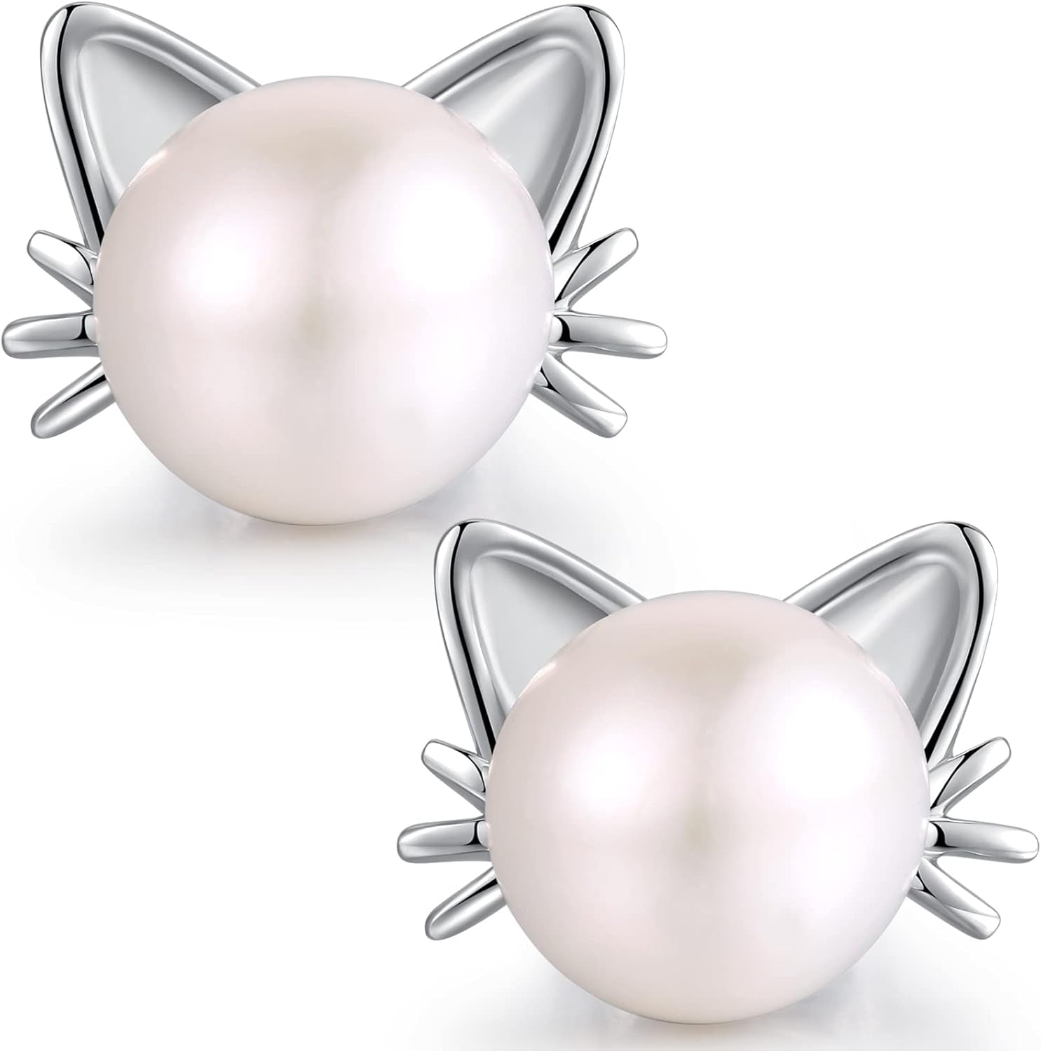 Cute Cat Pearl Earrings-925 Sterling Silver Cat Pearl Stud Earrings with Freshwater Pearl 7.5MM, Cat Lover Jewelry Gift