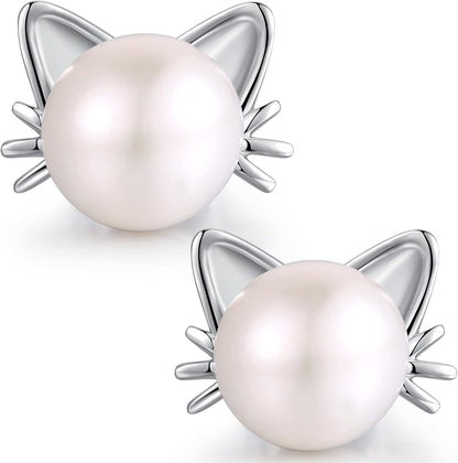 Cute Cat Pearl Earrings-925 Sterling Silver Cat Pearl Stud Earrings with Freshwater Pearl 7.5MM, Cat Lover Jewelry Gift