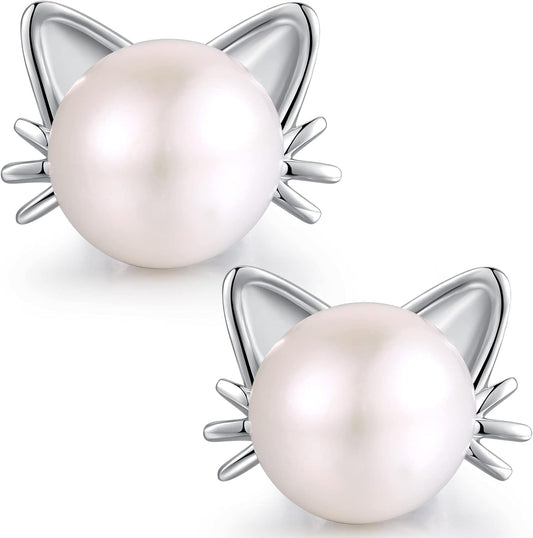 Cute Cat Pearl Earrings-925 Sterling Silver Cat Pearl Stud Earrings with Freshwater Pearl 7.5MM, Cat Lover Jewelry Gift