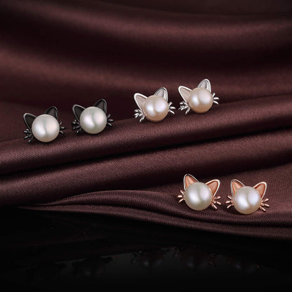 Cute Cat Pearl Earrings-925 Sterling Silver Cat Pearl Stud Earrings with Freshwater Pearl 7.5MM, Cat Lover Jewelry Gift